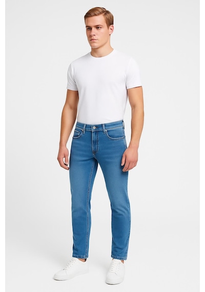 Erkek Slim Fit Dar Paça Esnek Likralı Denim Jeans Kot Pantolon - 7408 Buz Mavi