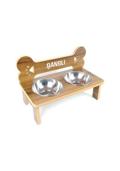 Köpek Su Ve Mama Kabı - Kemik Model - Özel İsim Baskılı -büyük Irk-ceviz Mdf - Çelik Kase - 2 1000ml
