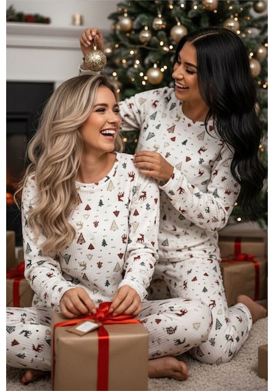 Siyah İnci Yumuşak Tuşe Kışlık Fitilli Pamuklu Örme Pijama Takım 7956 Ekru Yılbaşı Desen