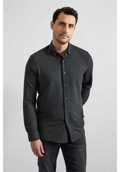 Süvari Antrasit Slim Düğmeli Yaka Manşetli Casual Gömlek Gm2025500500-s08 Antrasit