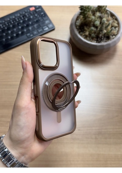 Apple Uyumlu iPhone 16 Standlı Ve Yüzüklü Magsafe Kılıf Soocase721 Kahverengi