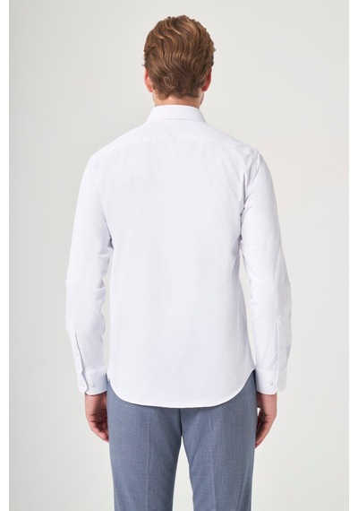 İmza Beyaz Sert Yaka Uzun Kol Cepsiz Slim Fit Pamuklu Gömlek 1004260213