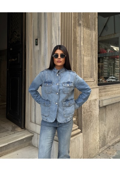 Out Of Standart Kadın Regular Fit Düğme Detaylı Denim Ceket İce Blue