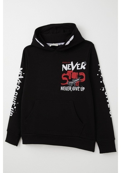 Breeze Erkek Çocuk Sweatshirt Kanguru Cepli Kapüşonlu 9-16 Yaş, Siyah Siyah
