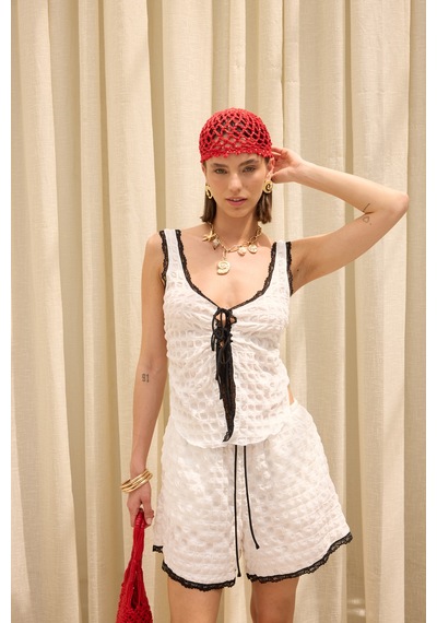 Mai Collection Celeste Dantel Detay Ekru Crop Şort Takım