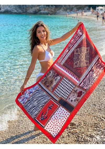 Trend Dokunuş Kadın Saten 150-100cm Kırmızı Desenli Pareo