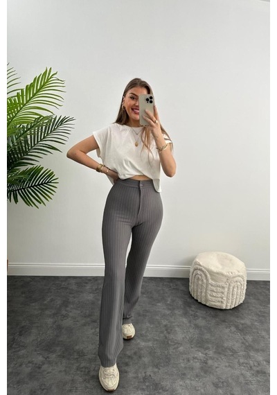 Winmoda34 Ultra Yüksek Bel Krep Kumaş Likralı Palazzo Çizgili Pantolon Gri Gri Çizgili
