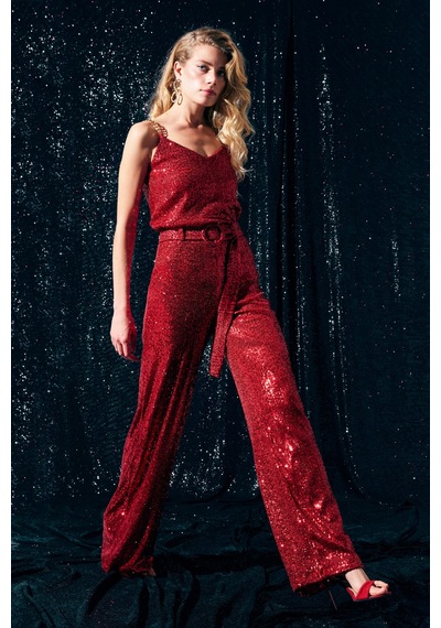 Sateen Kemerli Payet Pantolon - Kırmızı