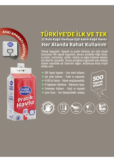 Mavi Beyaz Pratik Havlu 500 Yaprak - Yeni Nesil Çok Amaçlı Kağıt Havlu Asma Aparatı Hediyeli