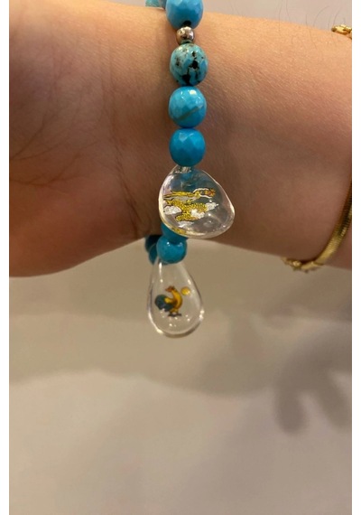 Doğal Taş Bileklik Hand Made El İşi Feng Shui Ejderha Yılı Koruyucu Hayvan Horoz Ve Ejderha Objeli Ve Doğal Turkuaz Taşlı Çok Renkli