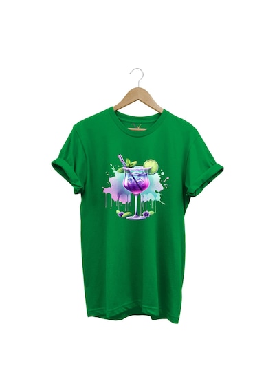 Tropik Kokteyl Temalı Renkli Yaz Baskılı %100 Pamuk Unisex Regular Fit T-shirt Yeşil