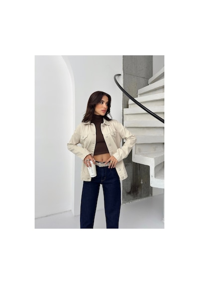 Kene Jeans Kadın Boyfriend Taş Keten Ceket Taş