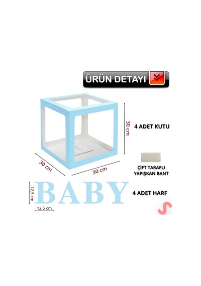 Baby Yazılı Şeffaf Balon Kutusu, 30cm X 4 Adetli Set - Mavi