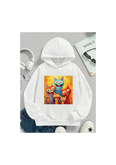 Stil X Sevimli Kediler Baskılı Kapüşonlu Çocuk Sweatshırt Beyaz