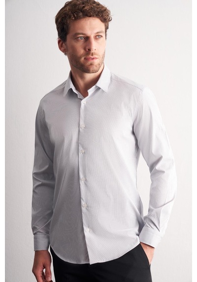 İmza Beyaz - Lacivert Sert Yaka Çizgili Desen Uzun Kol Slim Fit Esnek Gömlek 1004255177 Beyaz - Lacivert