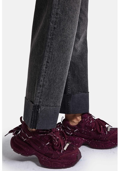 Kadın Koyu Füme 4w6-14 Relaxed Fit Paça Detaylı Denim Jean