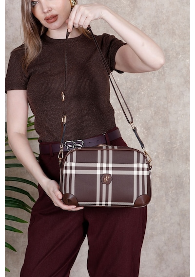 Silver & Polo Silver Polo Kahve - Kahve Çizgili Ekose Kadın Çapraz Çanta Sp1094