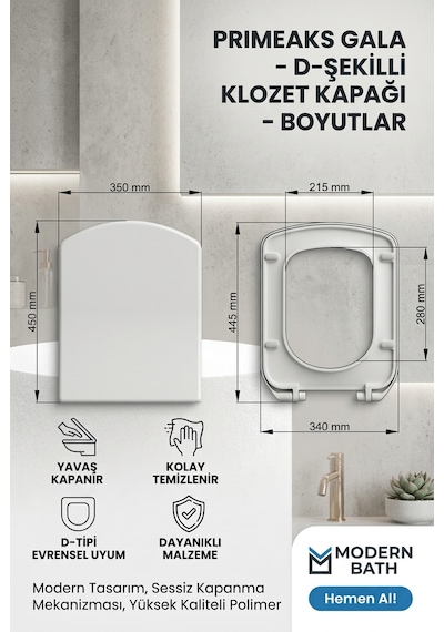 Gala D-şekilli Klozet Kapağı - Yavaş Kapanan Soft Close , Amortisörlü, Kolay Temizlenen Lüks Klozet Kapağı Beyaz