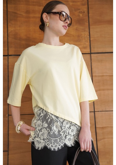 Verymoda Dantel Detaylı Asimetrik Tişört D2953 Sari