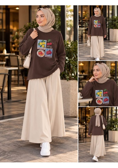 Esra Butik78 Kadın Premium Dokulu Baskılı Oversize Sweatshirt Rahat Ve Modern Stil Kahverengi