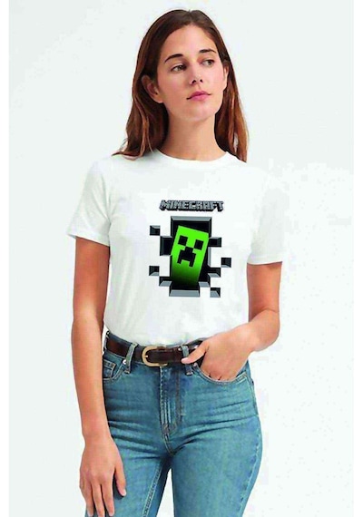 Mine Craft Baskılı Beyaz Kadın Tshirt (534306544)