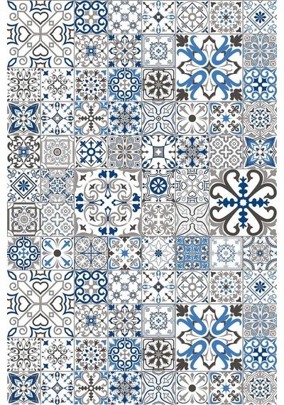 Frenda Home Çini Desenli Pamuk Taban Yıkanabilir Baskılı Halı Mavi
