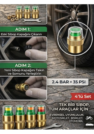 Beylini 4'lü Lastik Basınç Ölçerli Sibop Bisiklet Araba Motosiklet Tekerlek Hava Ölçer 2.4 Bar 35 Psı Set Çok Renkli