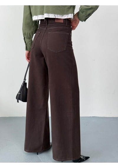 Kadın Kahverengi Baggy Jean Yüksek Bel Geniş Paça Kot Pantolon Kahverengi+baggy