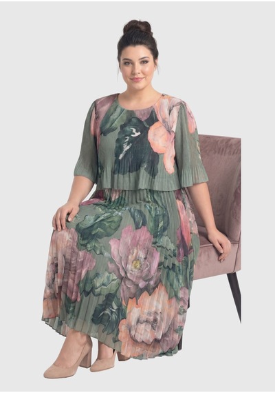 Lilas Xxl Büyük Beden Pudra Desen Baskılı Şifon Elbise Çiçekli