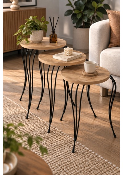 Sulorahome Lükens Metal Ayaklı Çam Desenli 3'lü Zigon Sehpa Takımı Atlantik Çam