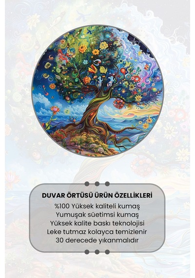 Kozmik Yaşam Ağacı Desenli Duvar Halısı Duvar Örtüsü Tapestry Süet Dokulu Kumaş