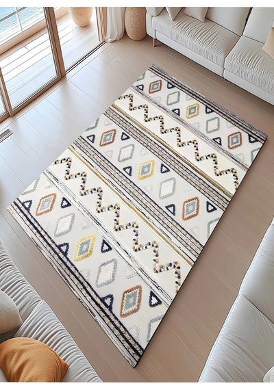 İskandinav Motifli Renkli Baklava Desen Tasarım Modern Halı Dekoratif Kilim Krem