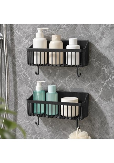 Orret Home 2'li Yapışkanlı Banyo Duş Rafı Organizer, Askılı Plastik Raf Sepet, Delme Gerektirmeyen Duvara Monte, Hava Alan Su Tahliyeli Taban, 26x9x10 Cm, Siyah Açık Ceviz