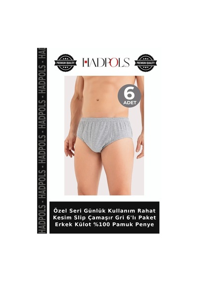 Hadpols Özel Seri Günlük Kullanım Rahat Kesim Slip Çamaşır Gri 6'lı Paket Erkek Külot %100 Pamuk Penye