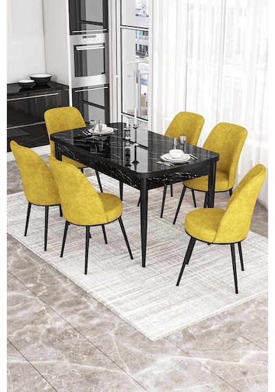 Canisa Kor Serisi 70x114 Açılabilir Mutfak Masası Takımı Siyah Mermer Desen Masa 6 Hardal Sandalye Masa Siyah Sandalyeler Hardal Sarısı Canisa Kor Serisi 70x114 Açılabilir Mutfak Masası Takımı Siyah Mermer Desen Masa 6 Hardal Sandalye Masa Siyah Sandalyeler Hardal Sarısı