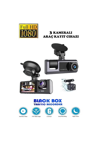 Araç Içi Kamera 1080p Full Hd /170 Geniş Açı /3 Kameralı Gece Görüşlü /2 Lcd Ekranlı/g-sensör İle Uyumlu