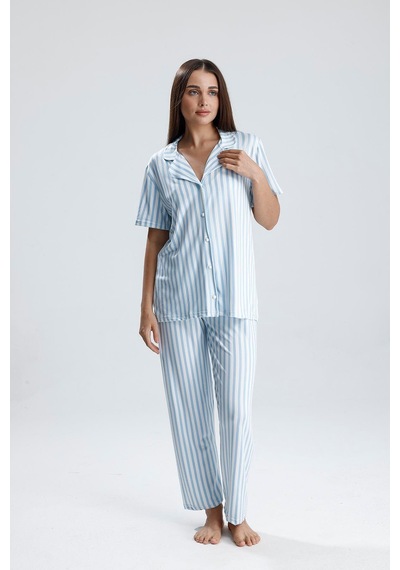Kompedan Kadın Çizgili Önden Düğmeli Pijama Takım Mavi Çzg Mavi