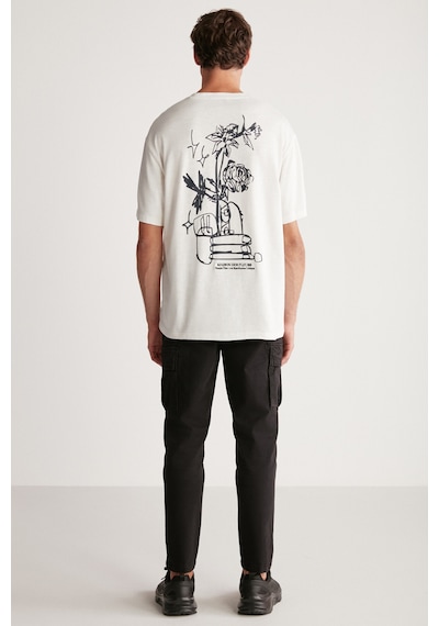 Grımelange Alonzo Erkek Oversize Fit %100 Pamuk Nakışlı Ve Baskılı Ekru T-shirt Ekru