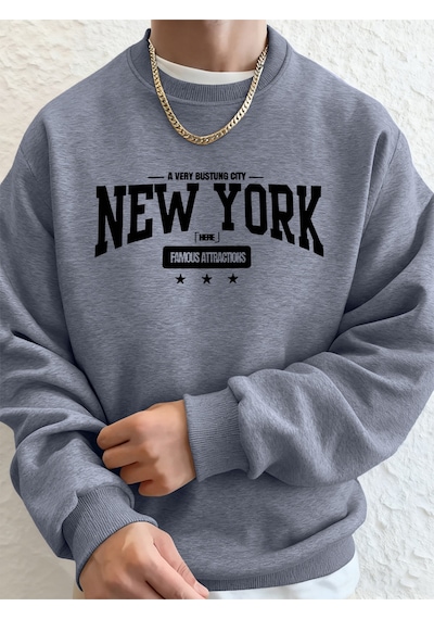 Startmore Startmorenew York Bustling City Baskılı Erkek Sweatshirtleri Kışlık Oversize Kapüşonlu Spor Bisiklet Y Gri