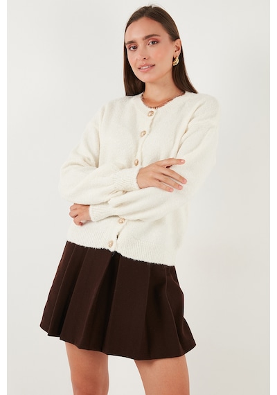 Lela Premium Regular Fit Bisiklet Yaka Yumuşak Dokulu Bayan Hırka 680Hi00147 Ekru