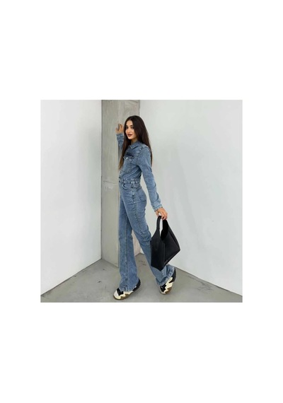Kene Jeans Uzun Ceketli Taş Yıkama İspanyol Paça/flare Esnek Denim Tulum Taş