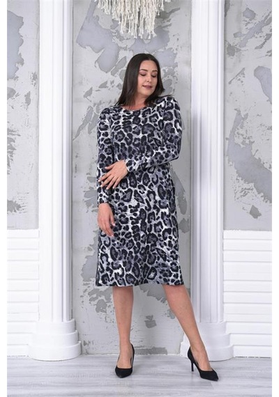 Dip Moda Kadın Cepli Leopar Desenli Büyük Beden Elbise Dpnba030 Gri