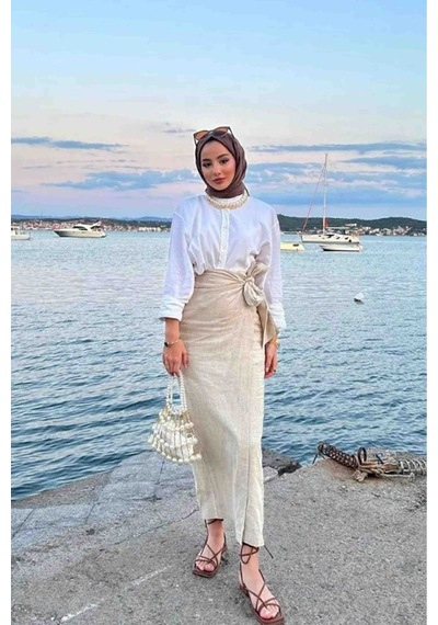Unika Boutique Fiyonk Bağlamalı İçi Astarlı Keten Etek - Taş Rengi Bos