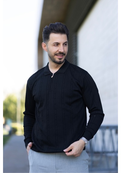 Hk Premium Triko Kazak Polo Yaka Fermuarlı Slim Fit Siyah
