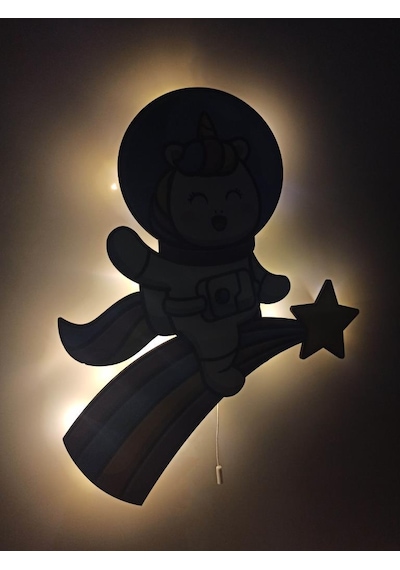 CajuArt Unicorn Astronot Ahşap Işıklı Çocuk Odası Duvar Tablosu