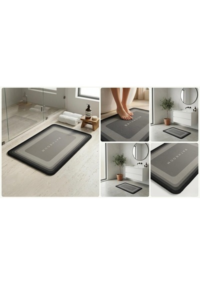 Banyo Paspası Süper Su Emici Kaymaz Tabanlı Dikdörtgen Diatomit Paspas 60x40cm Gri Altın - Beyaz - Siyah
