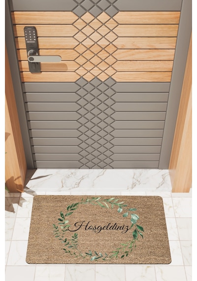 Rugmood Modern Dijtal Baskı Yeşil Yaprak Çerçeveli Hoşgeldiniz Kapı Önü Paspası Çok Renkli