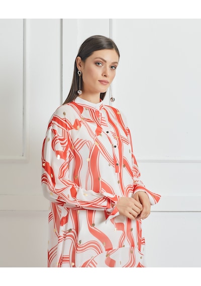 Serpil Exclusive Asimetrik Kesim Desenli Uzun Tunik Rahat Ve Şık Tasarım Koral