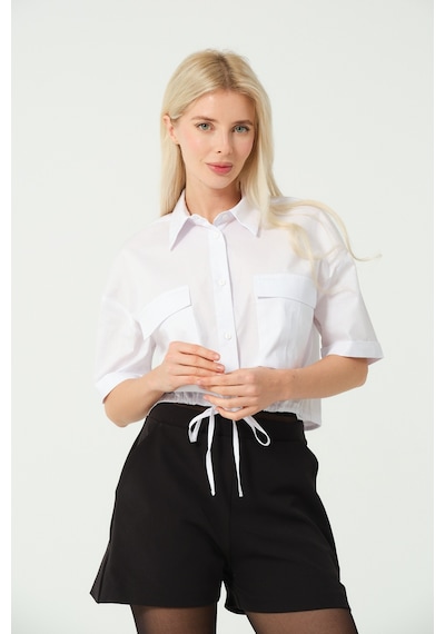 S'amore Clothing Bağcık Detay Crop Gömlek Beyaz Beyaz