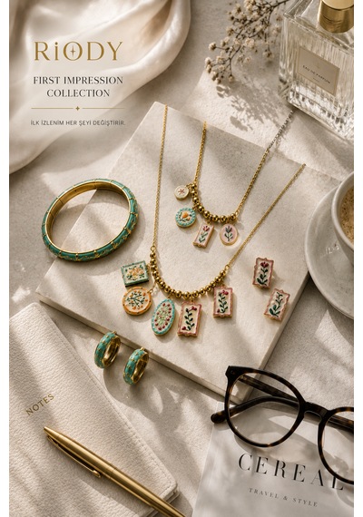 Riody First Impression Collection Kadın Takı Seti 2'li Kolye, 1 Bileklik, 2 Küpe Çiçek Desenli Mine Detaylı Gold Look
